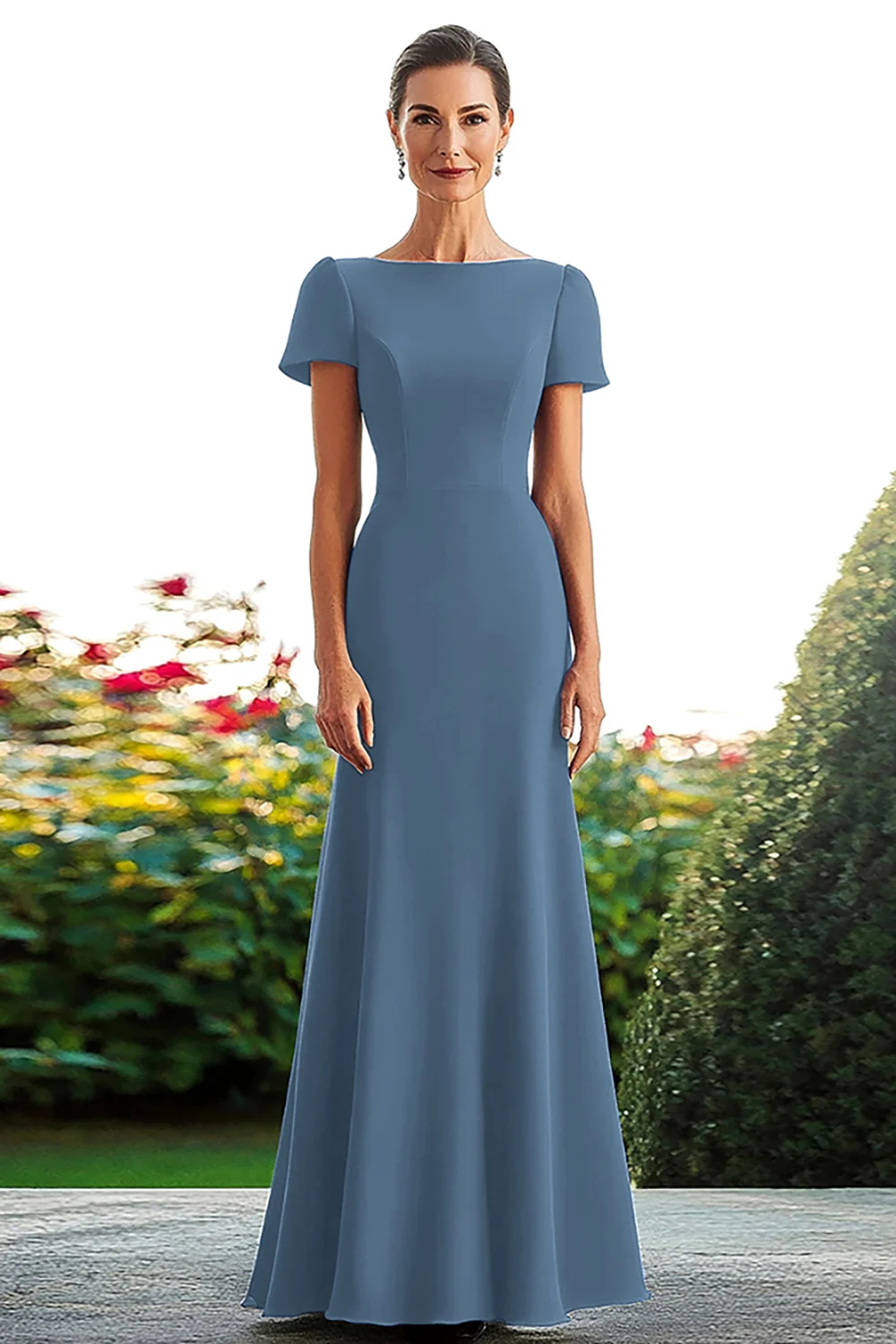 Satin Royal Blue Sheath Long Mother of the Bride Dress with Short Sleeves - VNBITS