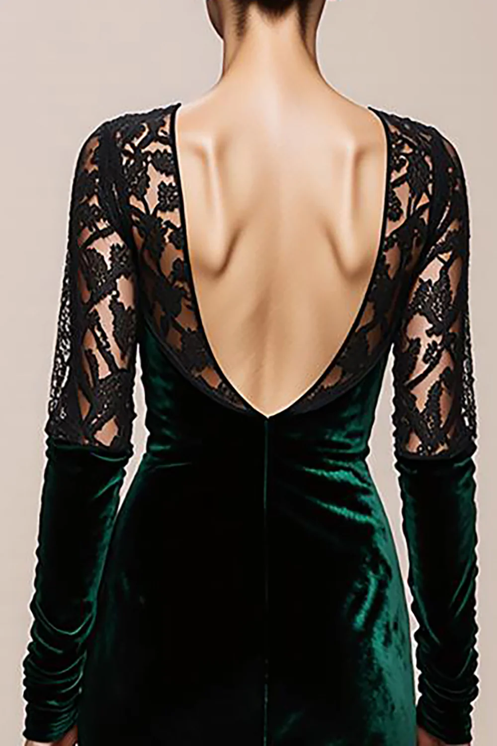 Dark Green V-Neck Velvet Mermaid Long Formal Dress with Lace - VNBITS