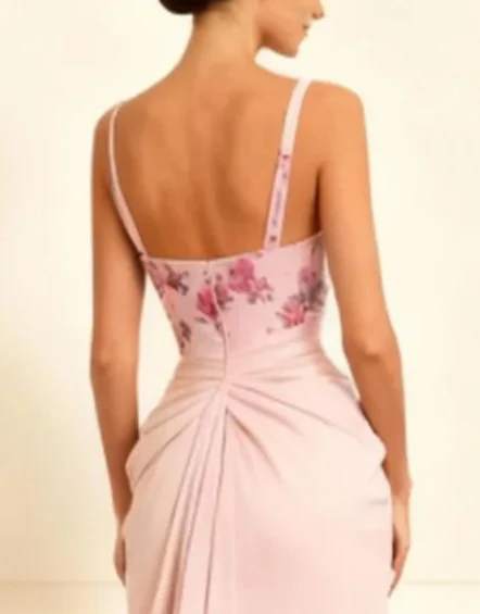 Floral Dusty Rose Satin Sheath Ruched Long Prom Dress with Slit - VNBITS