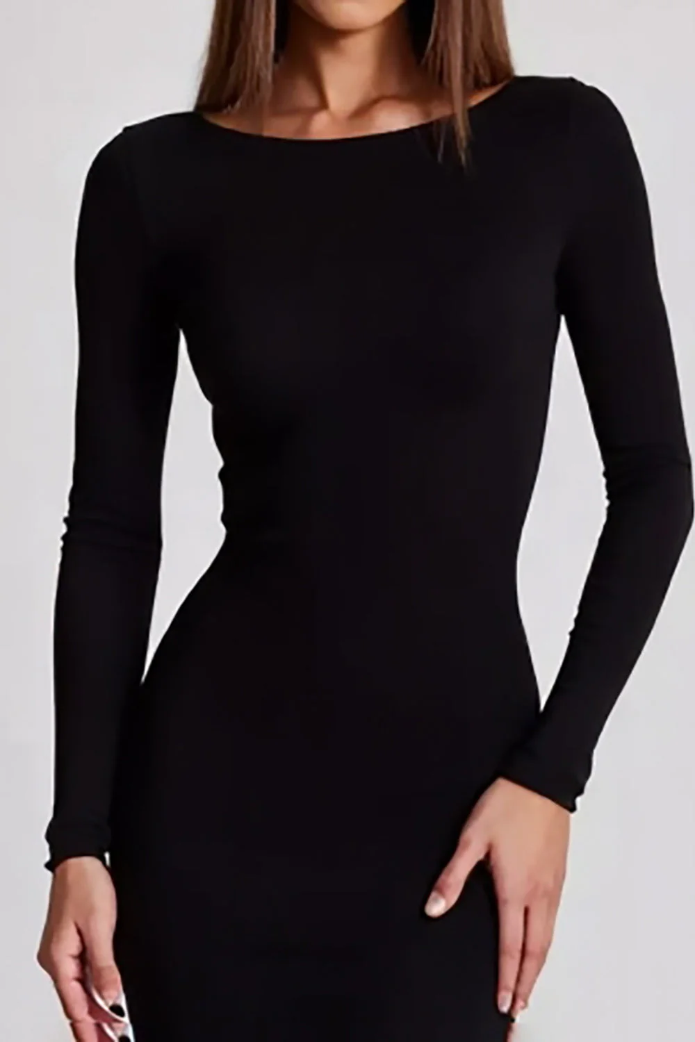 Black Sheath Boat Neck Long Sleeves Formal Dress with Slit - VNBITS