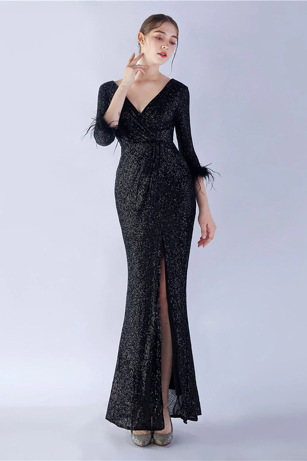 Navy Sequin V-neck Half Sleeves Sheath Formal Dress with Feather - VNBITS