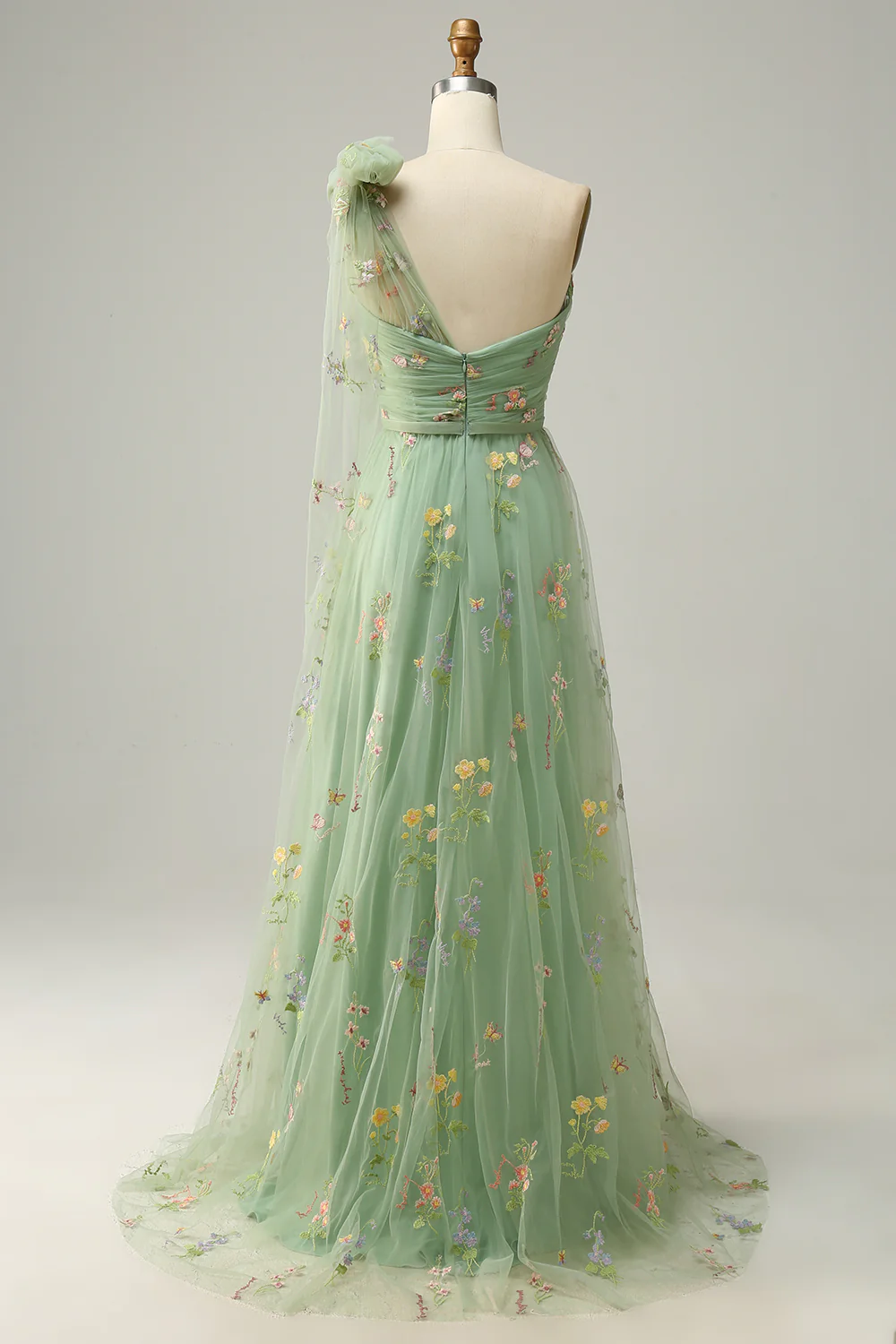 A-Line Grey Blue Long Prom Dress With Embroidery - VNBITS