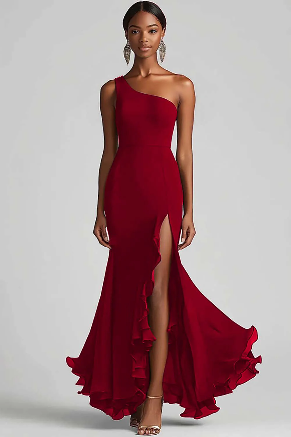 Ink Blue Mermaid Ruffled Chiffon One Shoulder Long Formal Dress with Slit - VNBITS