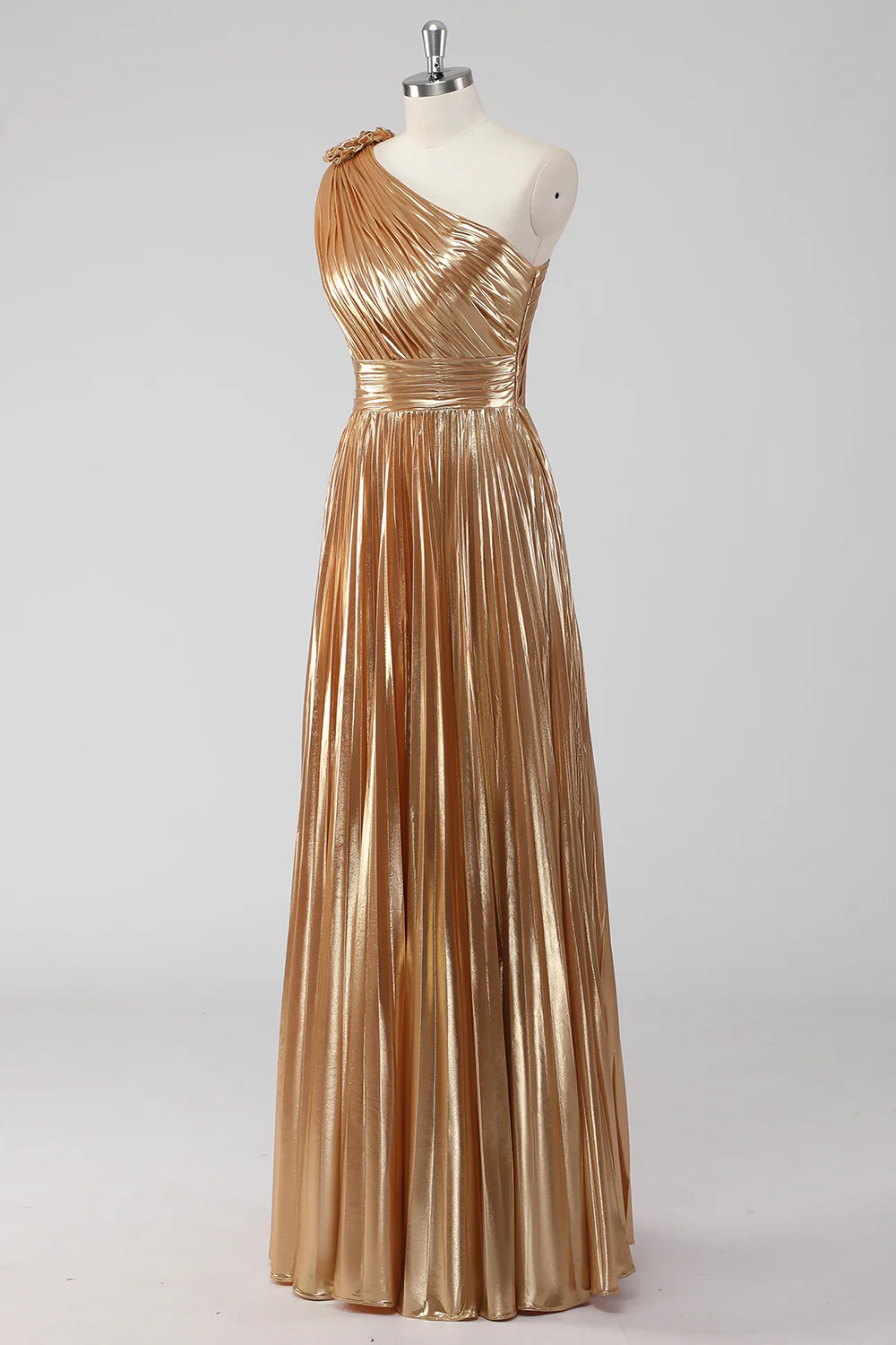 Golden Metallic Satin One Shoulder A-Line Formal Dress - VNBITS