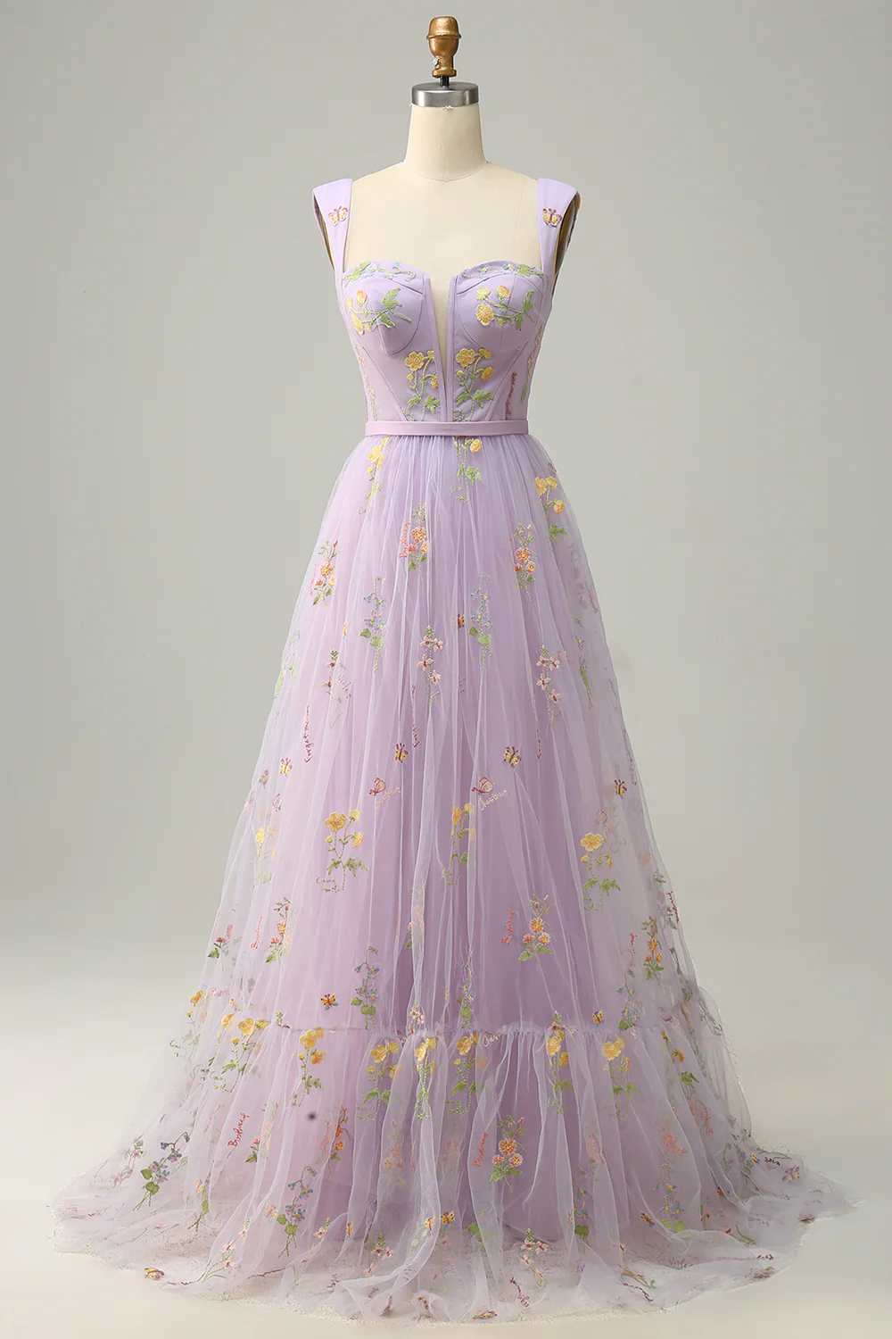 A Line Champagne Tulle Floral Prom Dress - VNBITS
