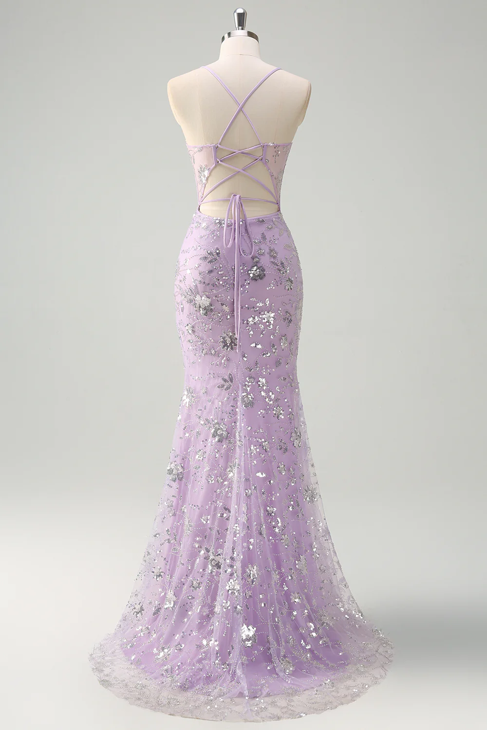 Sparkly Lilac Mermaid Spaghetti Straps Prom Dress with Slit - VNBITS