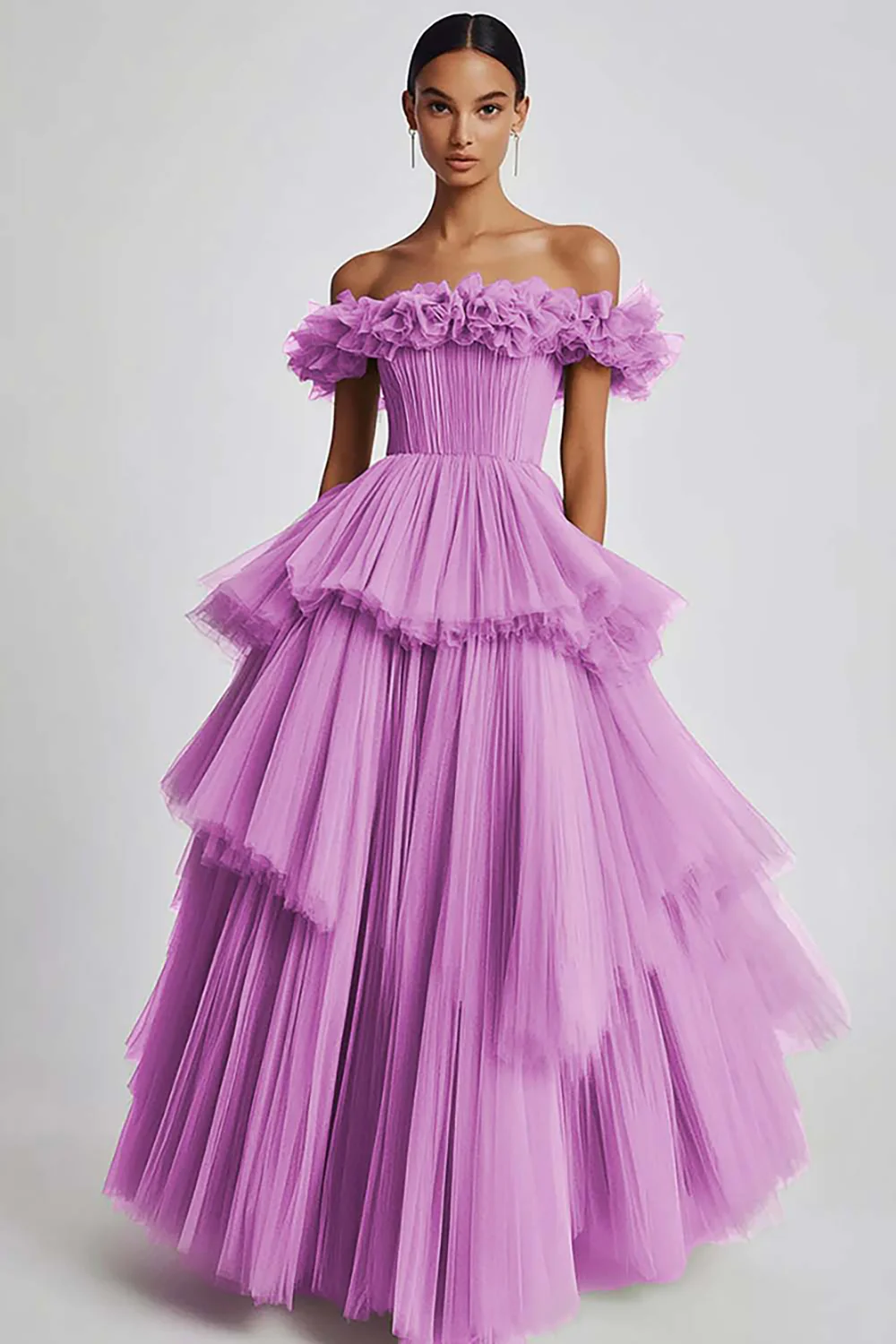 Dusty Sage Tulle Off the Shoulder Long Formal Dress with Ruffles - VNBITS