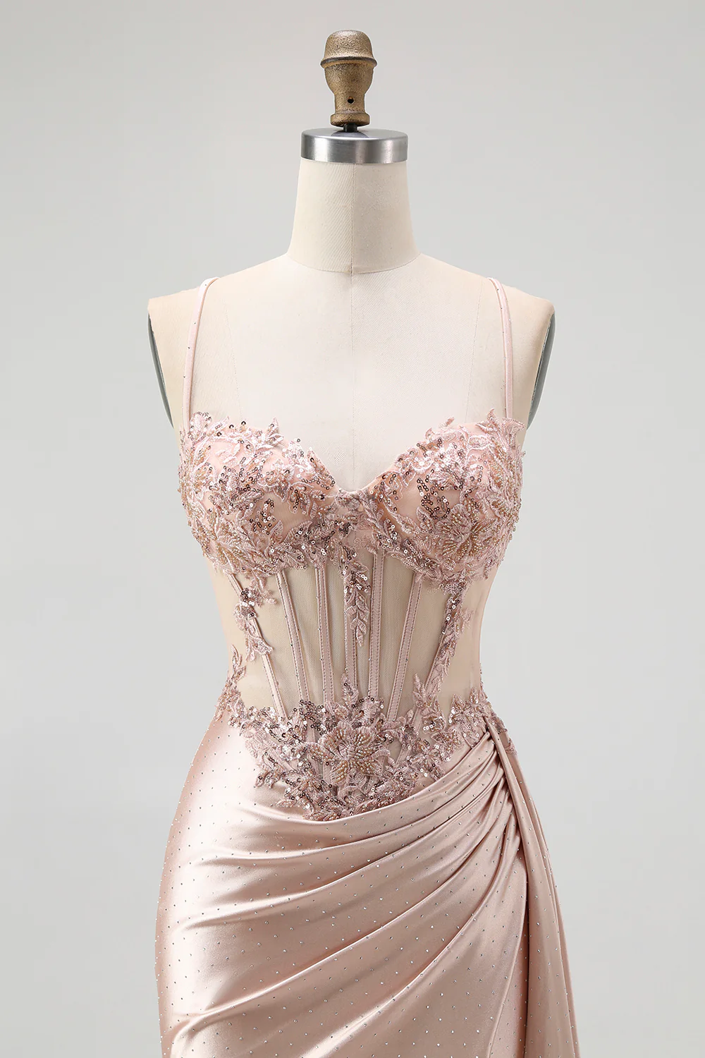 Sparkly Champagne Spaghetti Straps Mermaid Satin Long Prom Dress with Beading - VNBITS