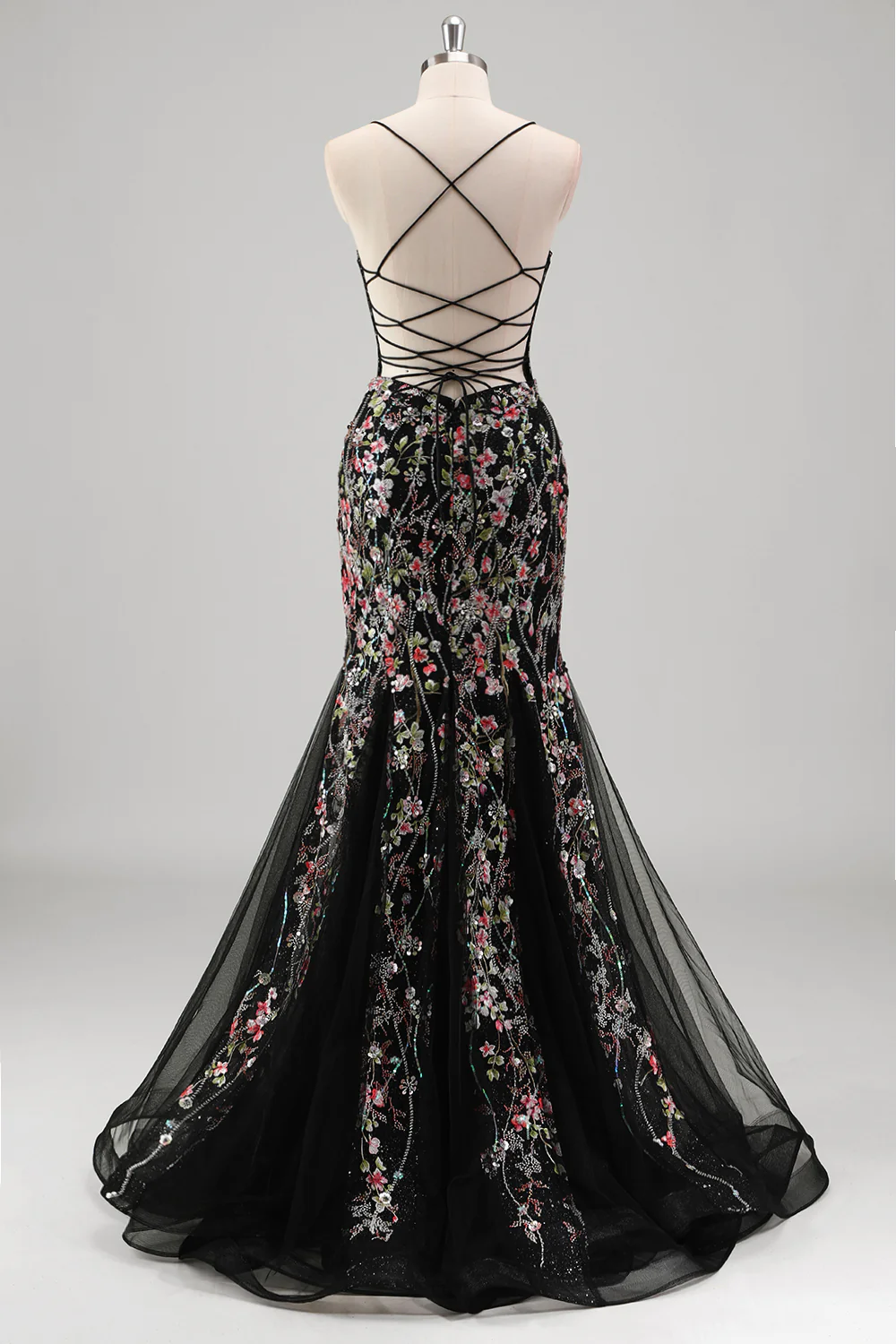 Black Mermaid Spaghetti Straps Corset Long Prom Dress with Appliques - VNBITS