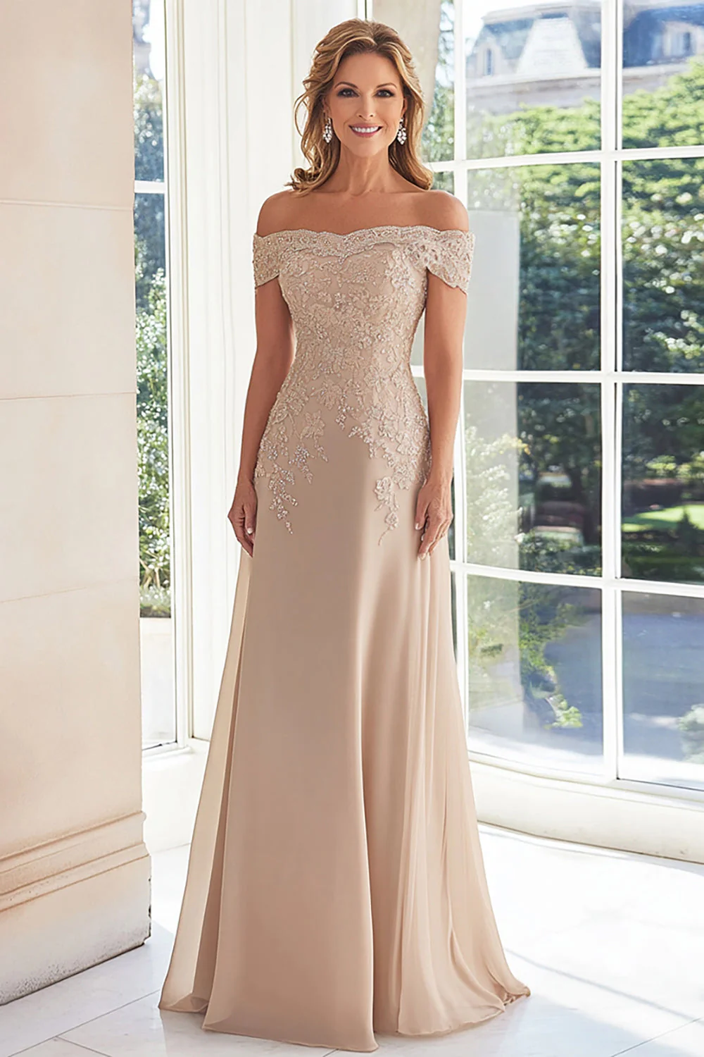 Taupe Off the Shoulder Chiffon Sheath Long Mother of the Bride Dress with Lace - VNBITS