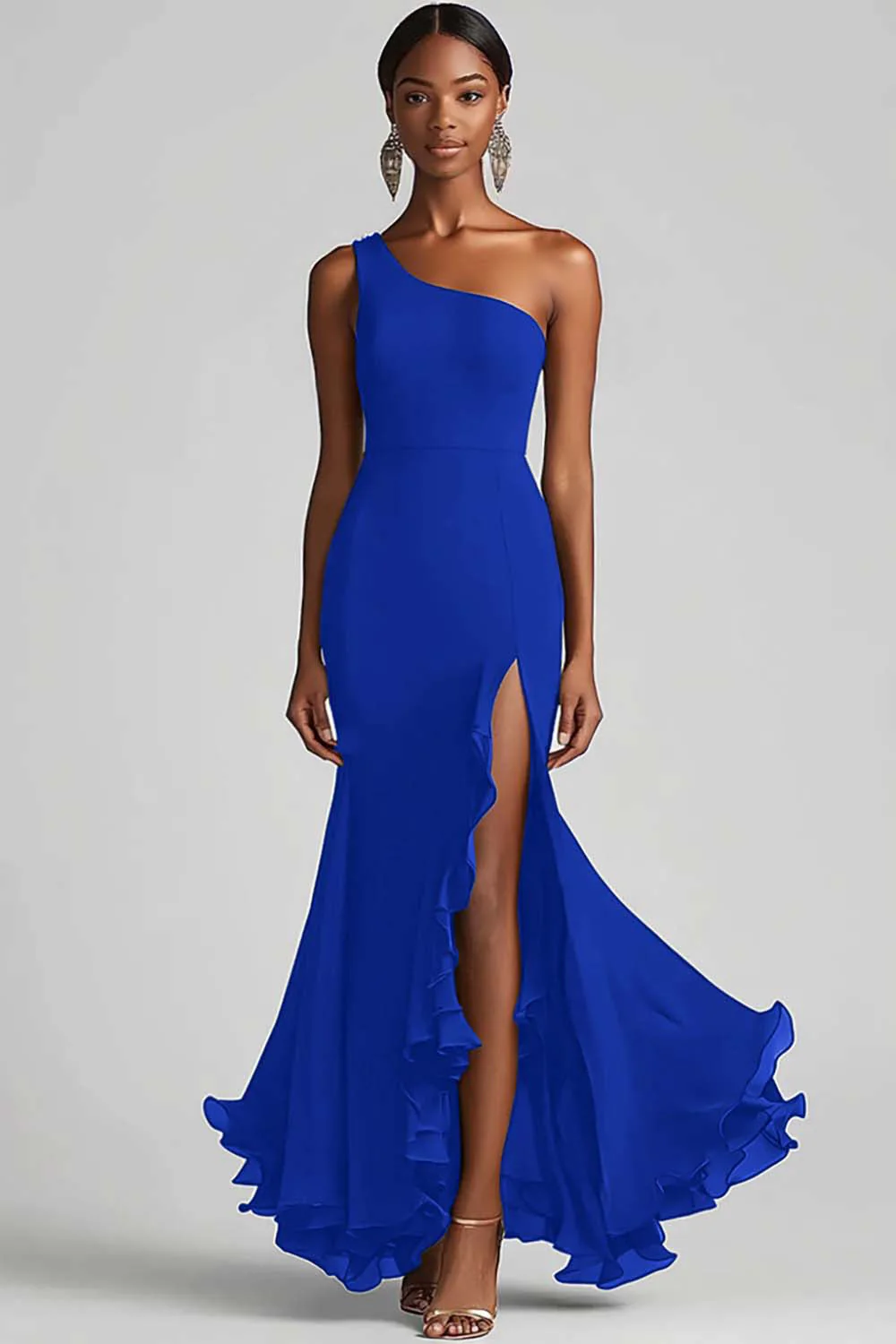 Ink Blue Mermaid Ruffled Chiffon One Shoulder Long Formal Dress with Slit - VNBITS