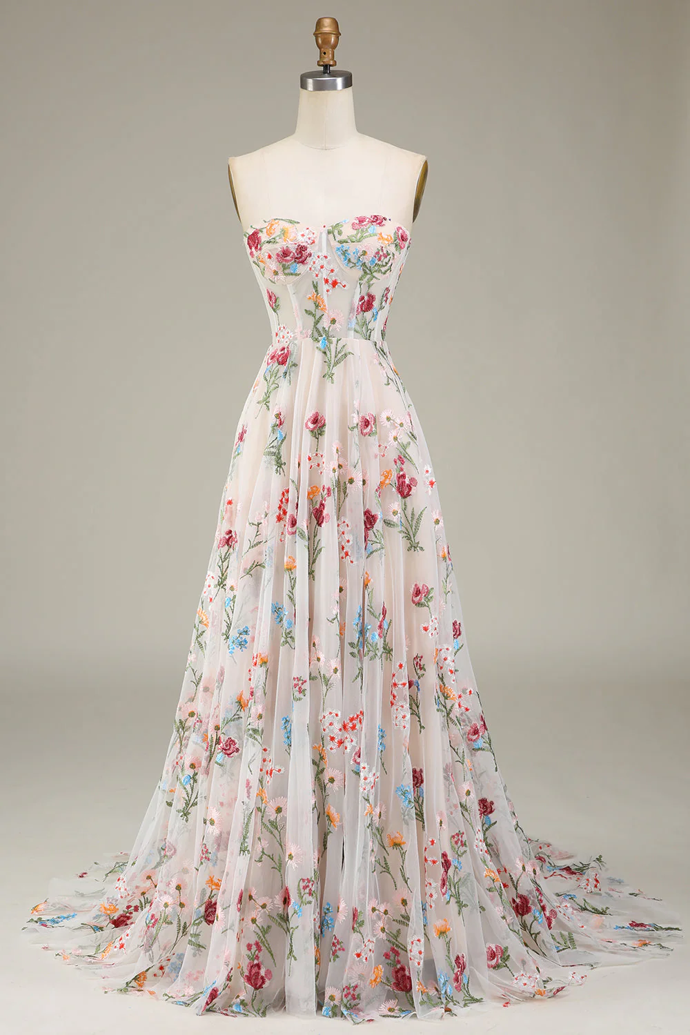 A-Line Sweetheart Long Corset Prom Dress With Flower - VNBITS