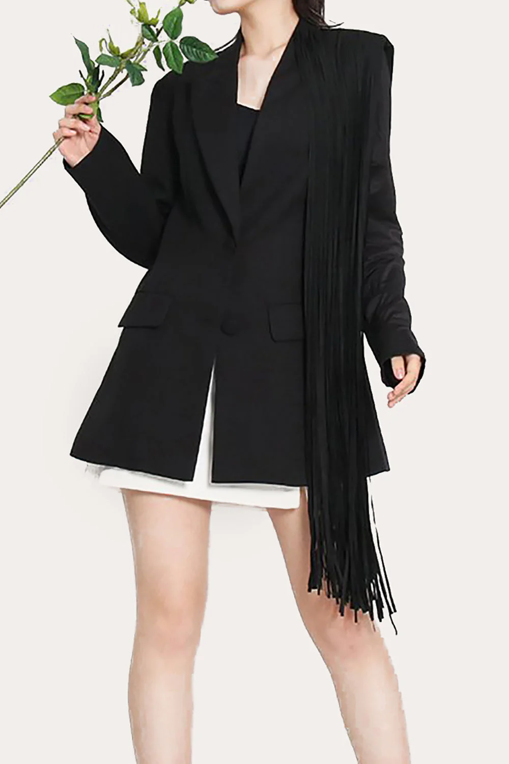 Black Fringed Peak Lapel Prom Women Blazer - VNBITS