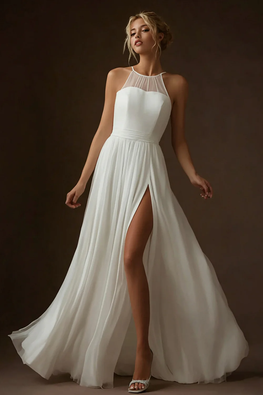 White Halter Chiffon A Line Floor Length Rehearsal Dinner Dress with Slit - VNBITS