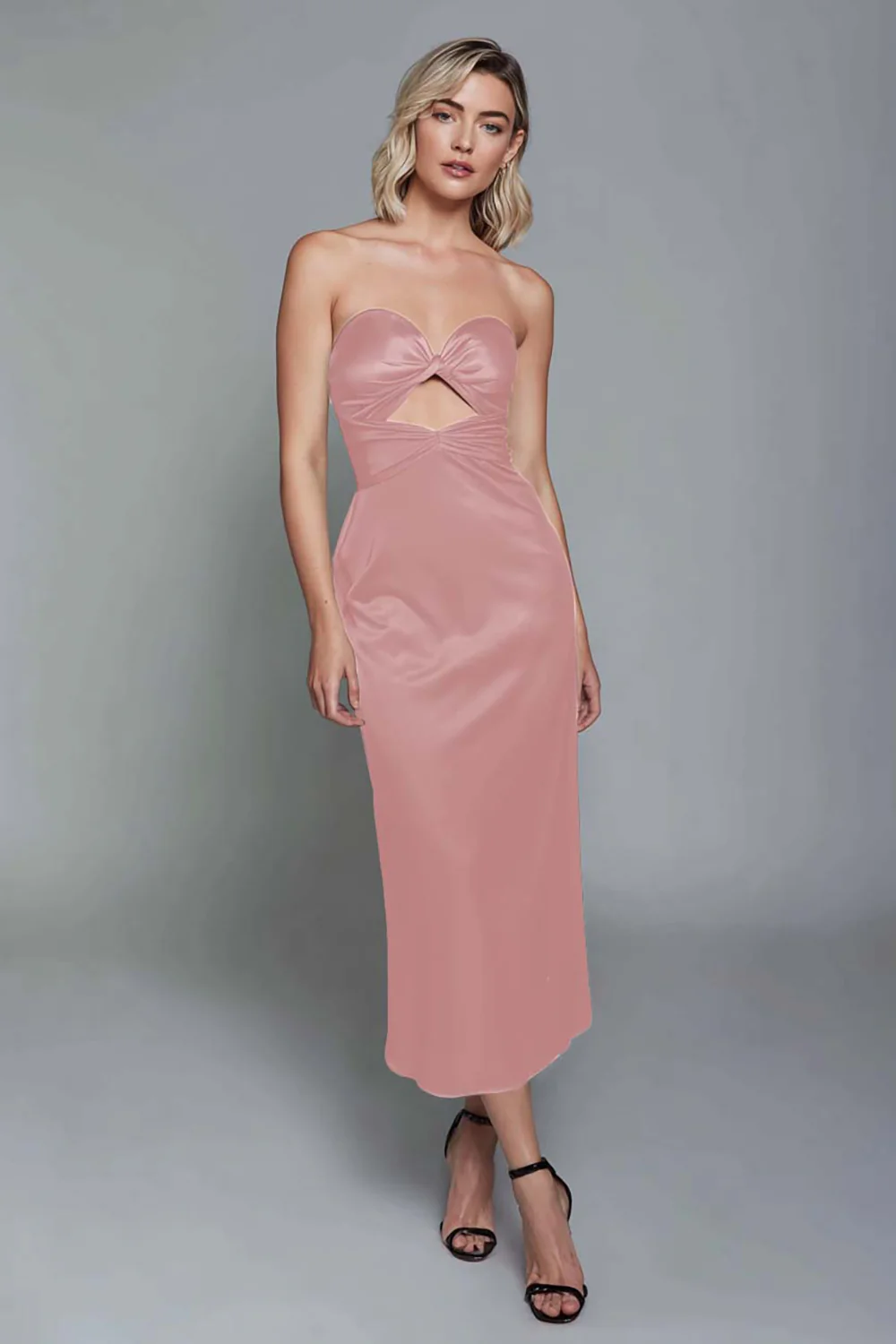 Dusty Blue Sweetheart Sheath Cut Out Satin Ankle Length Formal Dress - VNBITS