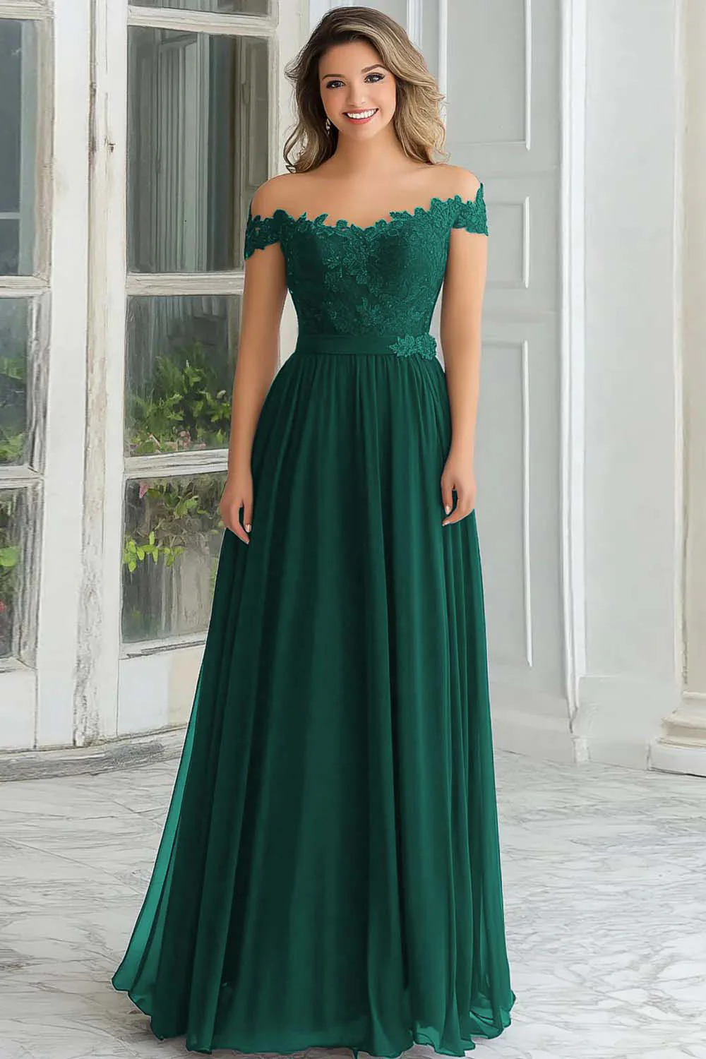 Elegant A-Line Navy Off the Shoulder Chiffon Long Mother Of the Bride Dress with Lace Appliques - VNBITS