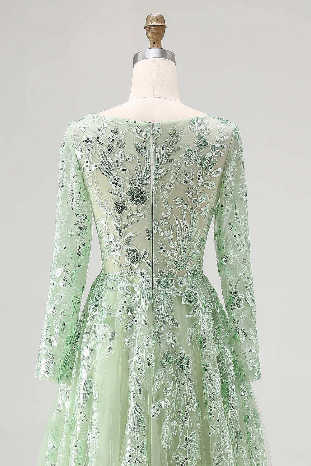 Dusty Sage Lace Applique Tulle V Neck Prom Dress with Long Sleeves - VNBITS