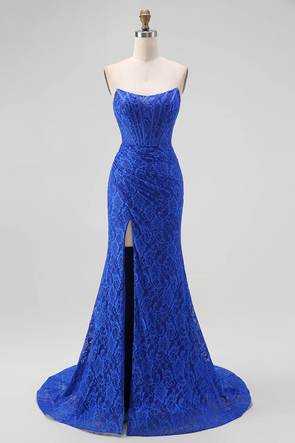 Royal Blue Sweetheart Mermaid Lace Long Corset Prom Dress with Slit - VNBITS