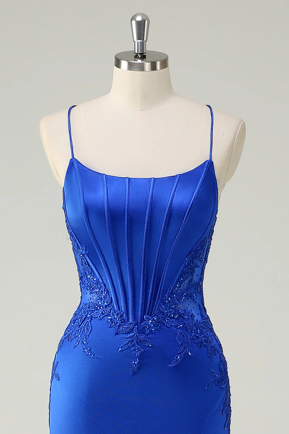 Royal Blue Floral Mermaid Spaghetti Straps Long Prom Dress with Slit - VNBITS