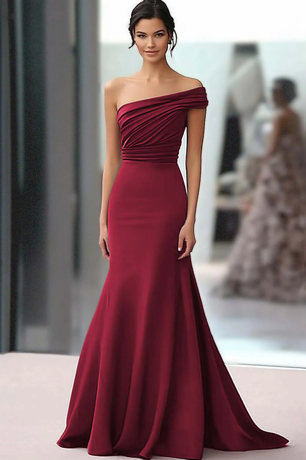 Coffee One Shoulder Crepe Mermaid Long Ruched Gala Dress - VNBITS