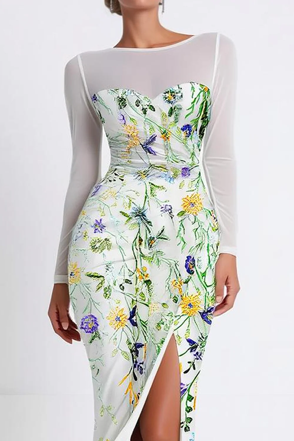 Floral Mermaid Boat Neck Long Sleeves Prom Dress with Slit - VNBITS