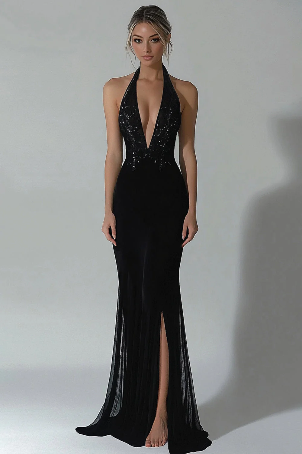 Sparkly Black Halter Mermaid Long Formal Dress with Slit - VNBITS