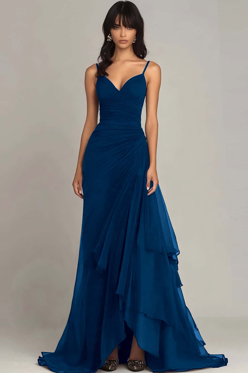 Ink Blue Sweetheart Ruched Chiffon Long Formal Dress with Ruffles - VNBITS