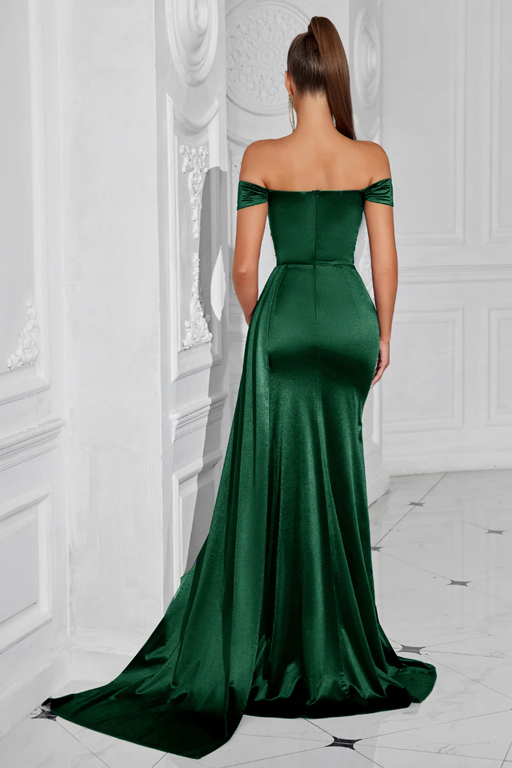 Dark Green Mermaid Off The Shoulder Ruched Long Prom Dress with Slit - VNBITS