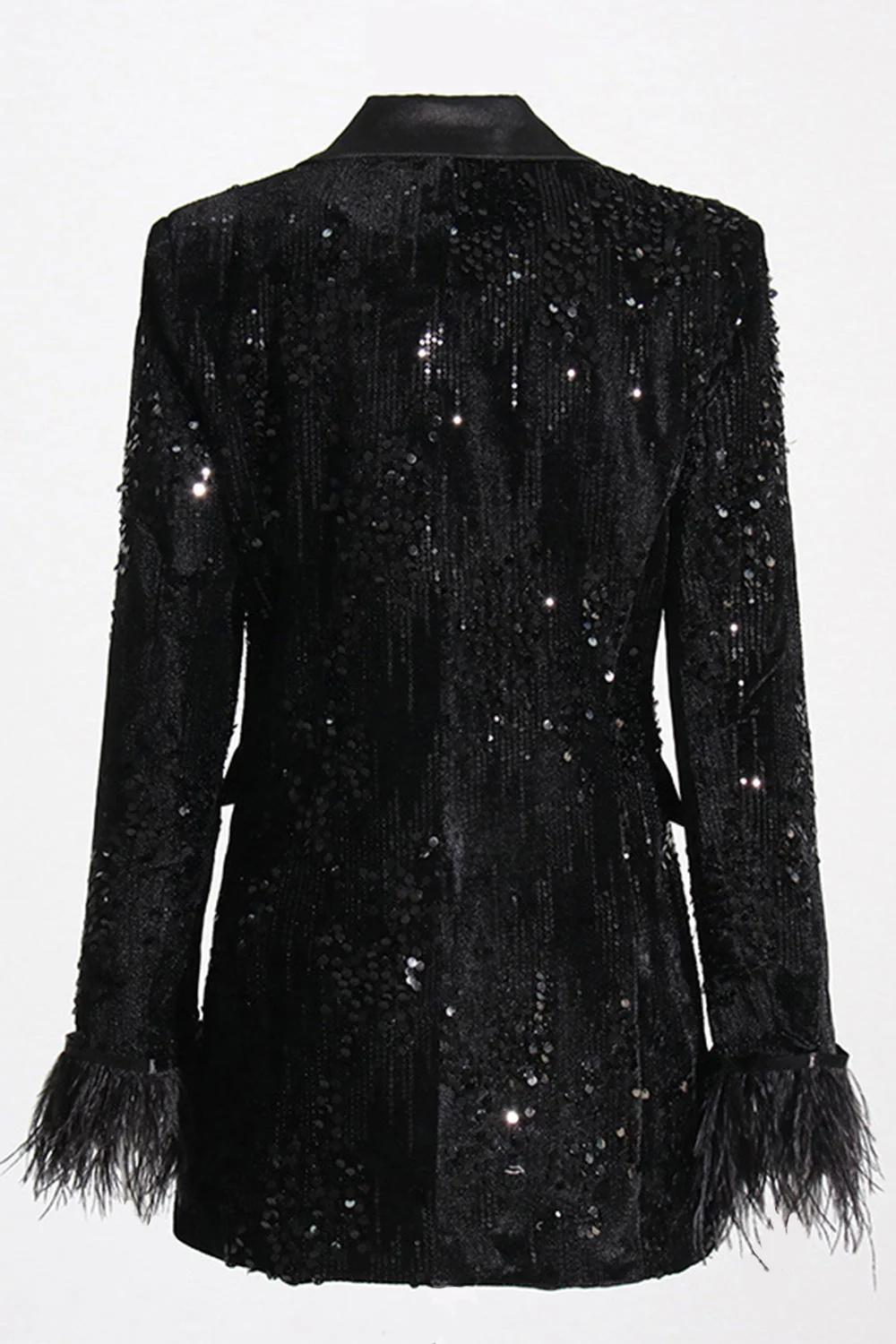 Sparkly Black Peak Lapel Sequins Women Blazer with Feathers - VNBITS