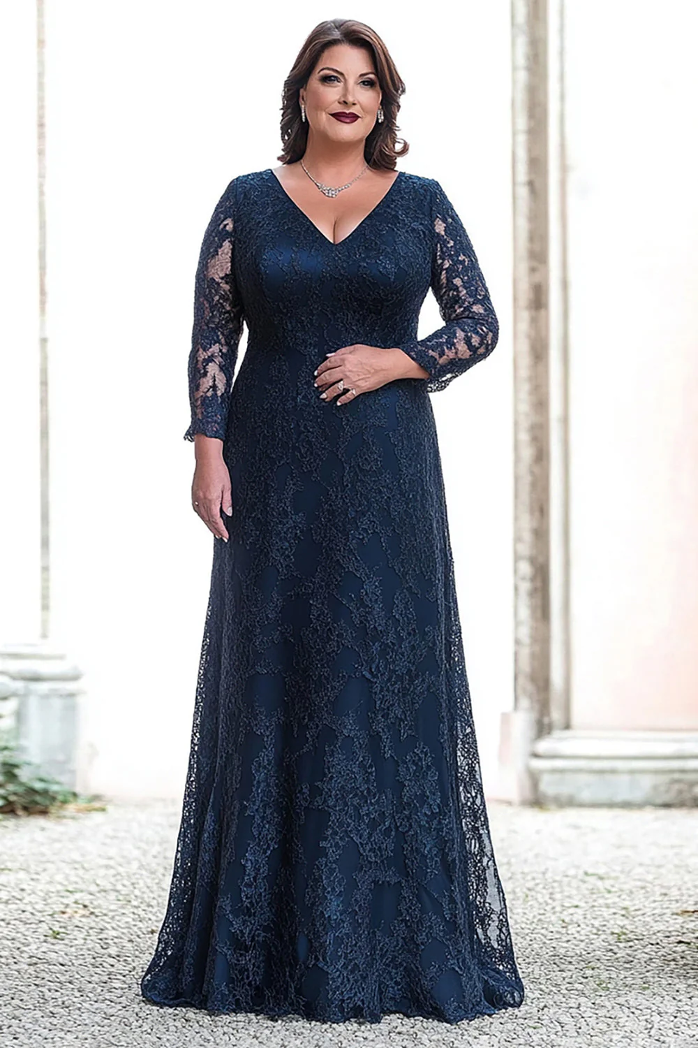 Lace Plus Size Navy Sheath V-Neck Long Mother of the Bride Dress - VNBITS