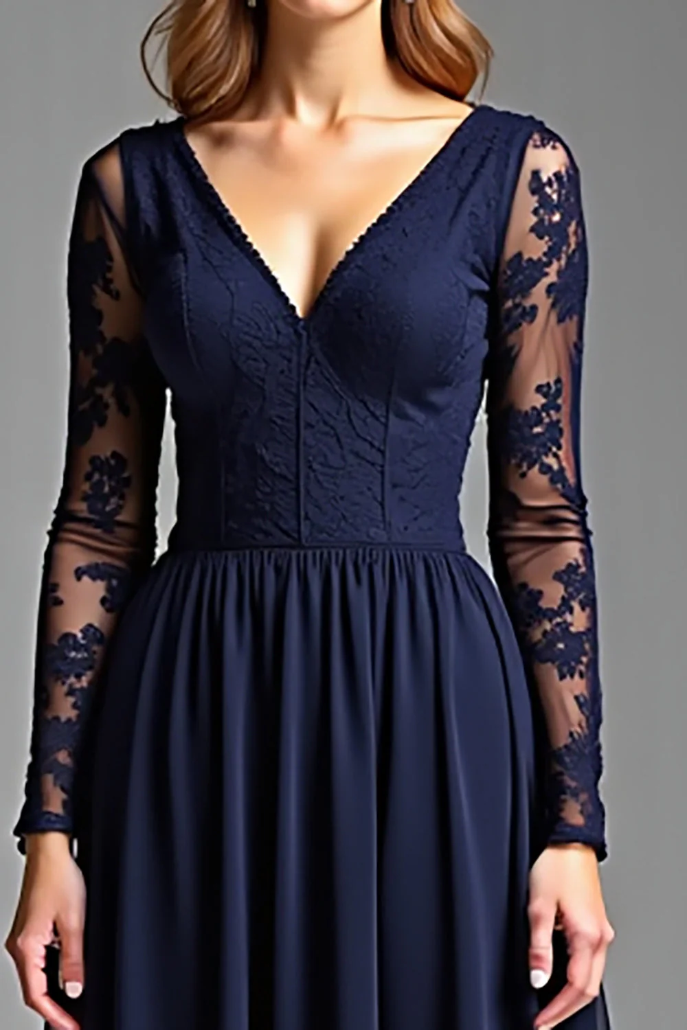 A Line Navy Chiffon Long Formal Dress with Sleeves - VNBITS