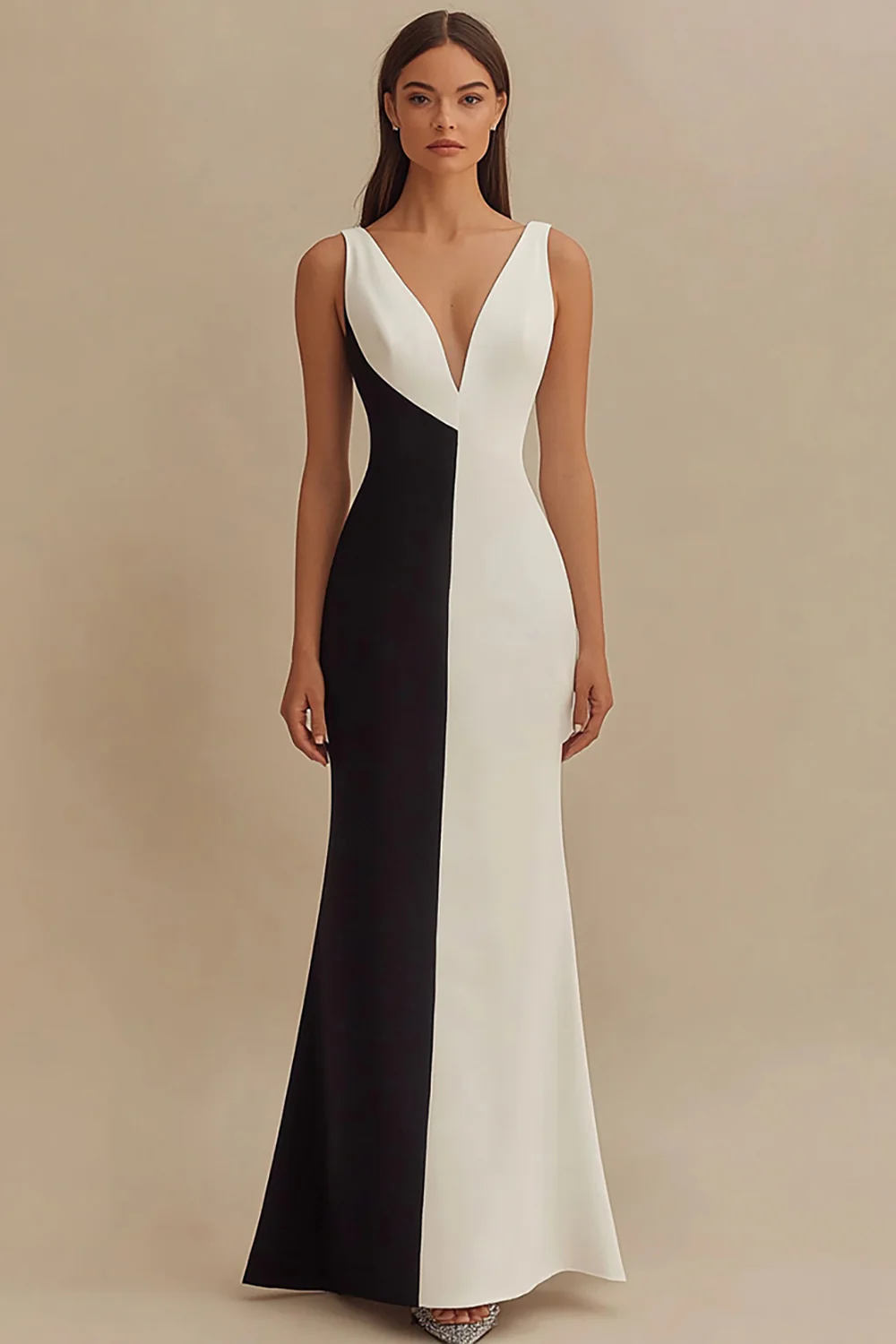 Black and White Satin V-Neck Mermaid Long Formal Dress - VNBITS