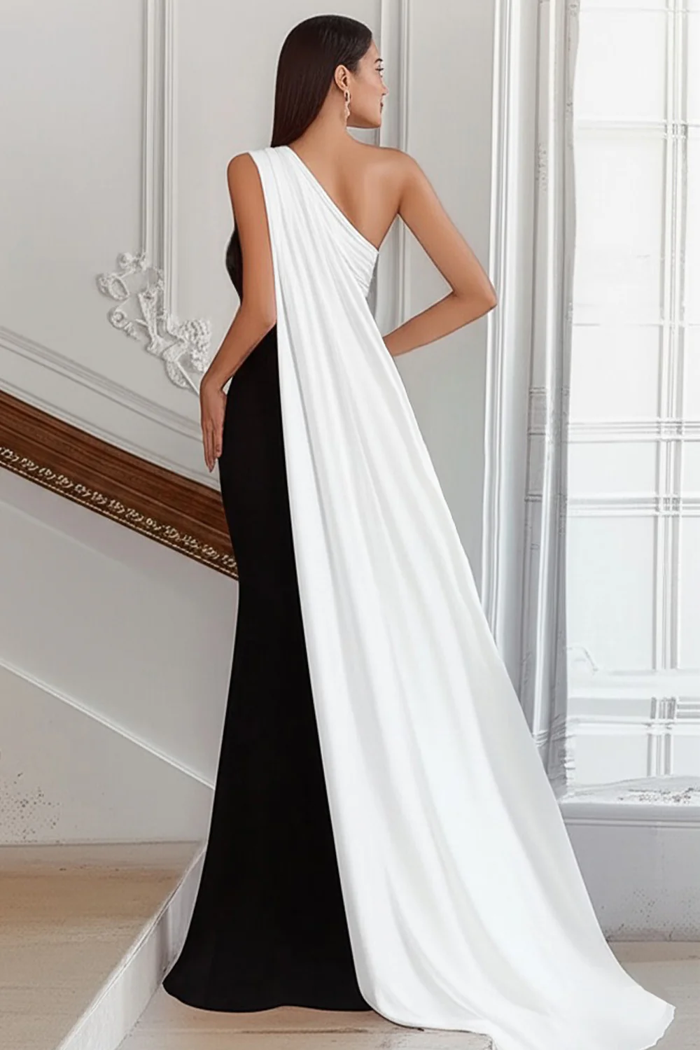 Black White Sheath One Shoulder Long Satin Formal Dress with Side Cape - VNBITS