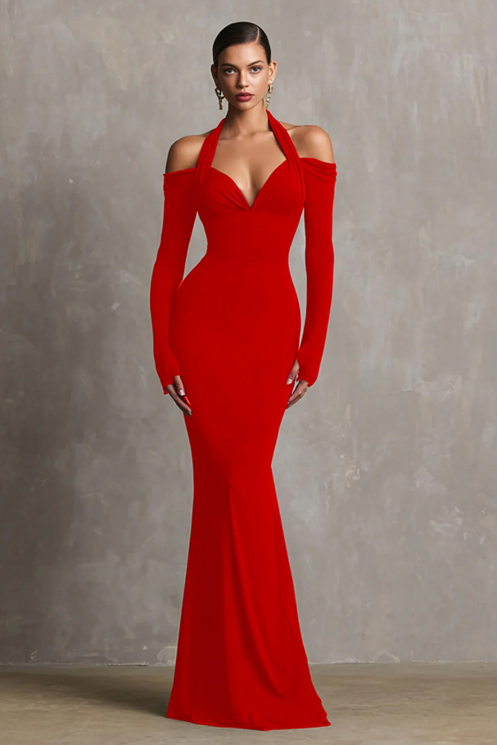 Burgundy Mermaid Halter Long Sleeves Long Formal Dress - VNBITS