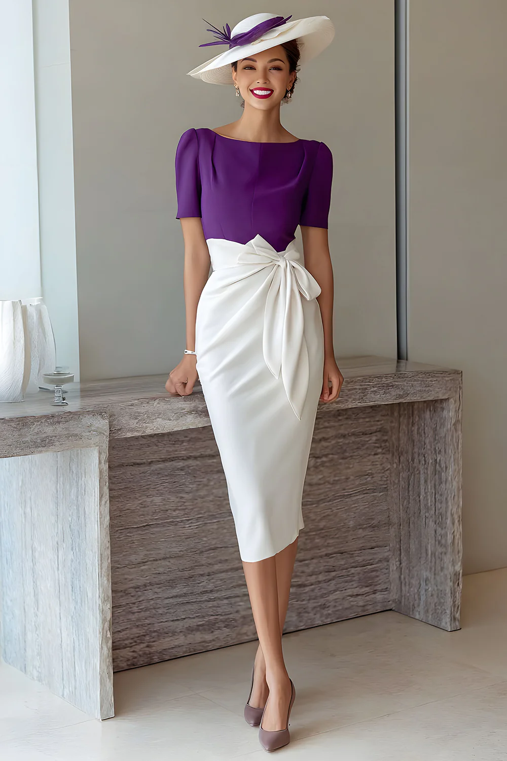Grape Pencil Boat Neck Midi Mother of the Bride Dress with Bow - VNBITS