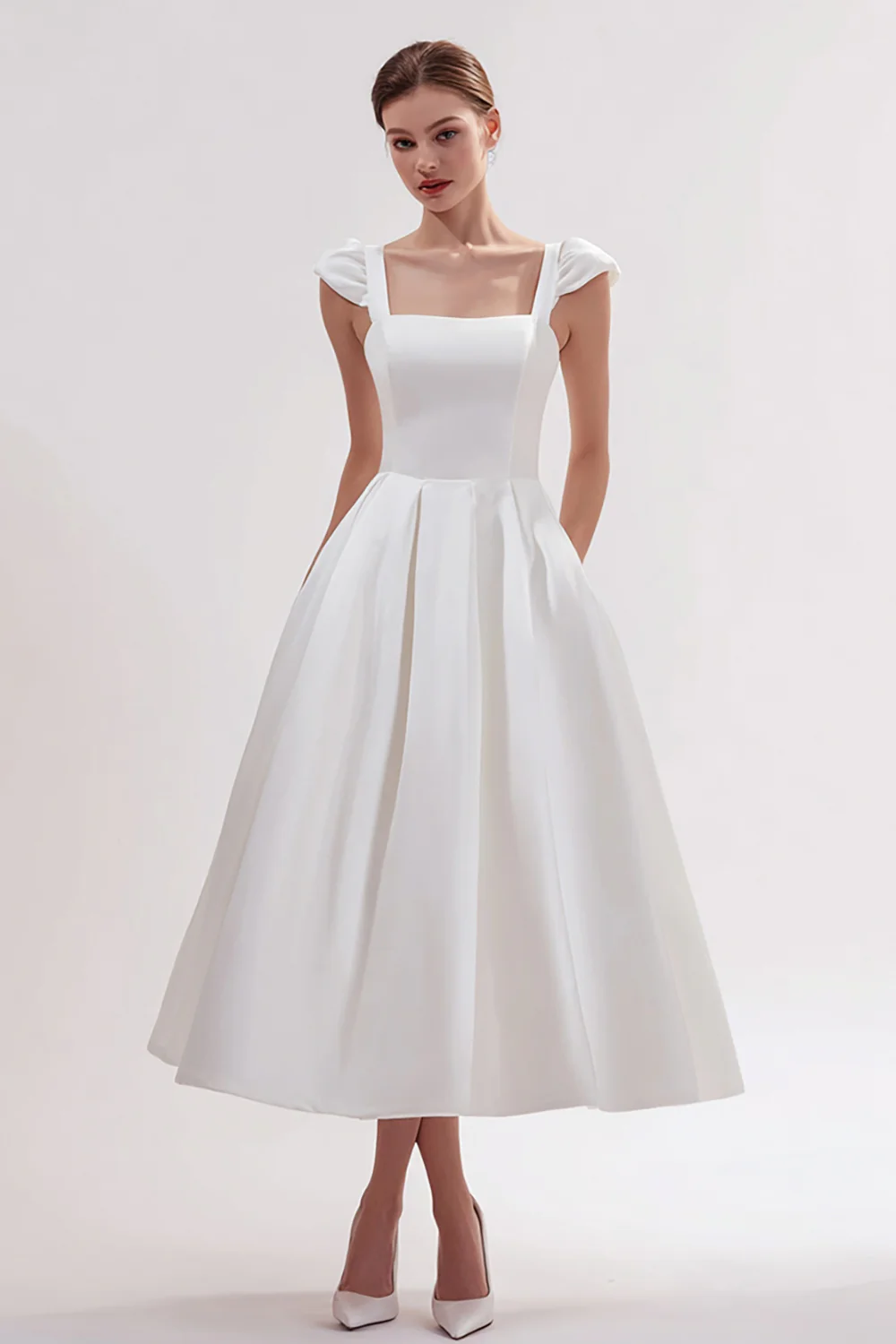 White Satin Square Neck A Line Long Wedding Reception Dress - VNBITS