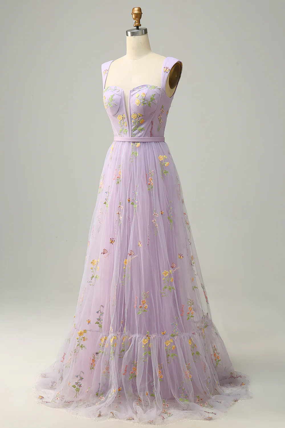 A Line Champagne Tulle Floral Prom Dress - VNBITS
