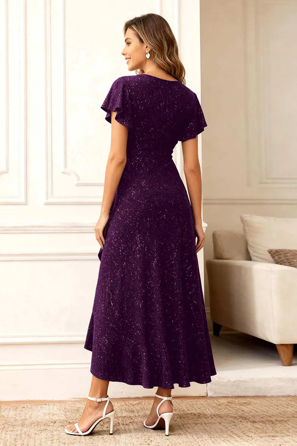 Black Round Neck Midi Glitter Holiday Party Dress with Sleeves - VNBITS