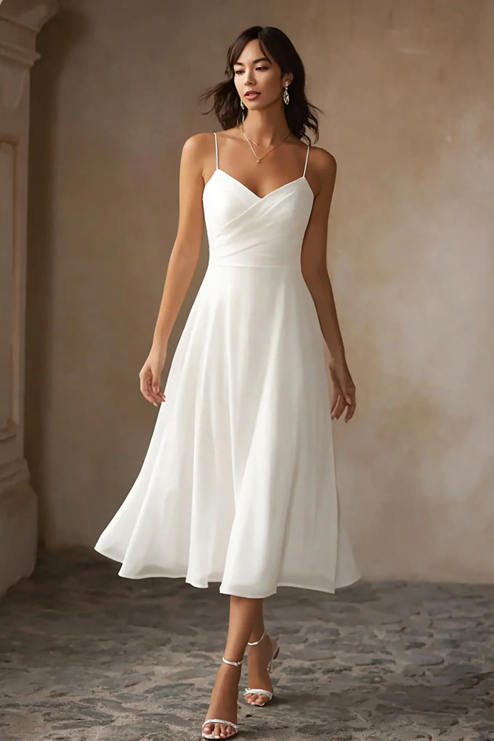 White Chiffon A Line Spaghetti Straps Midi Engagement Dress - VNBITS