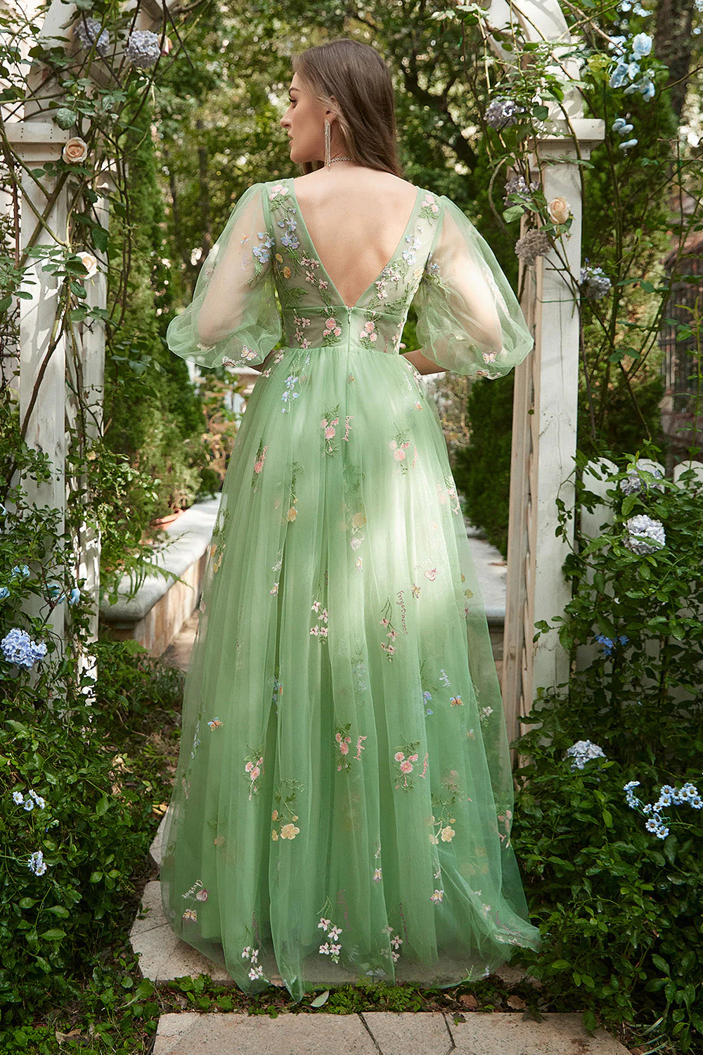 A-Line V-Neck Embroidery Green Long Prom Dress with Short Sleeves - VNBITS