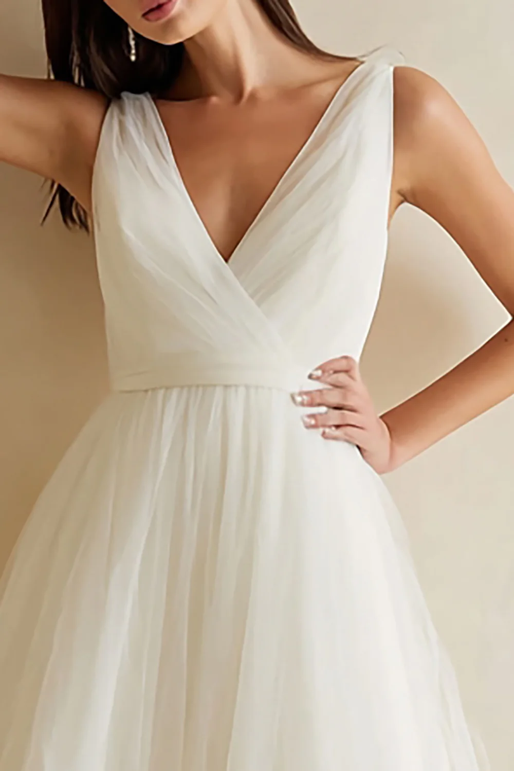 White Tulle A Line V-Neck Ankle Length Rehearsal Dinner Dress - VNBITS