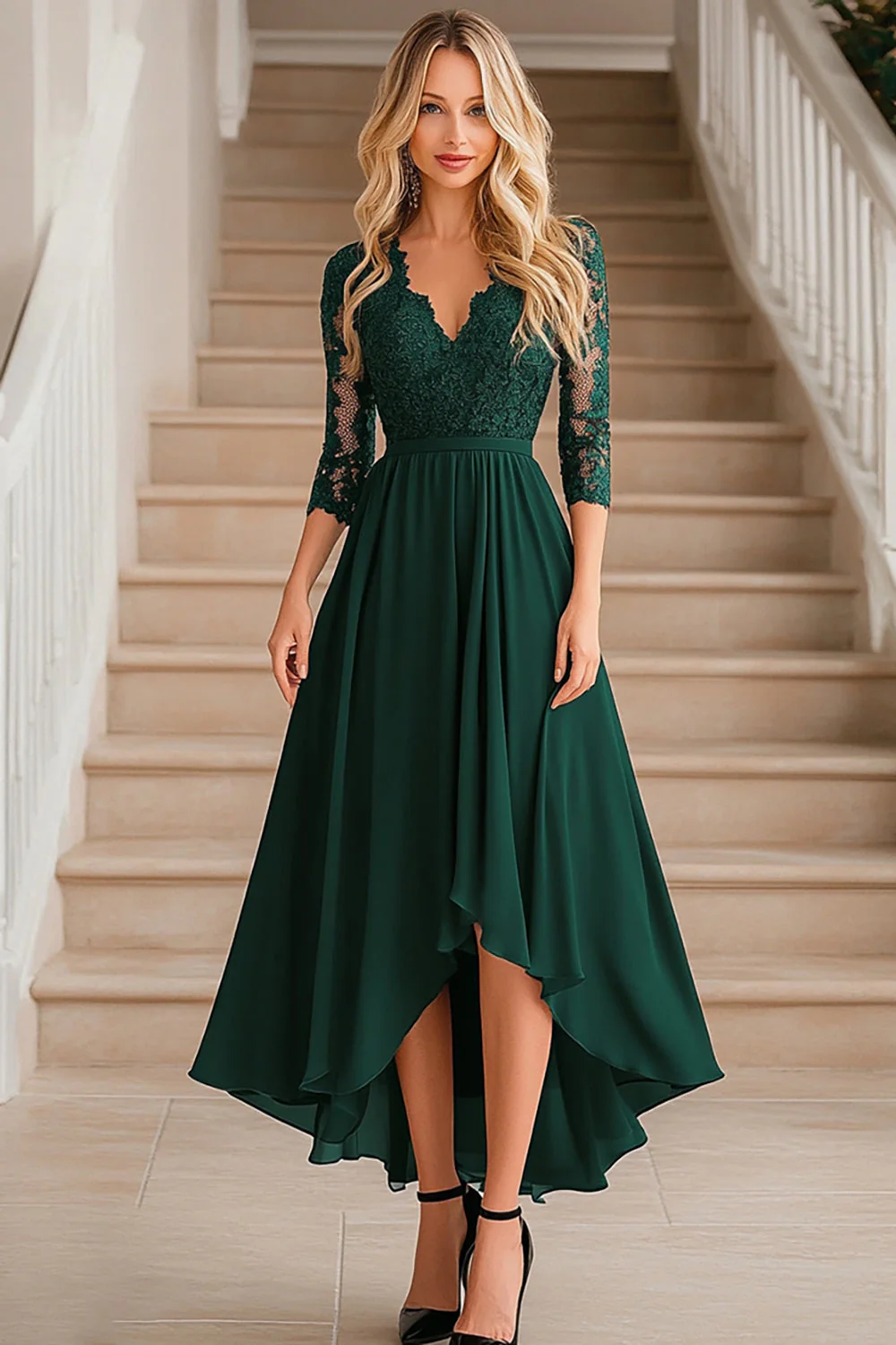 Elegant Dark Green A-Line V-neck Chiffon Long Mother of the Bride Dress with Lace Appliques - VNBITS