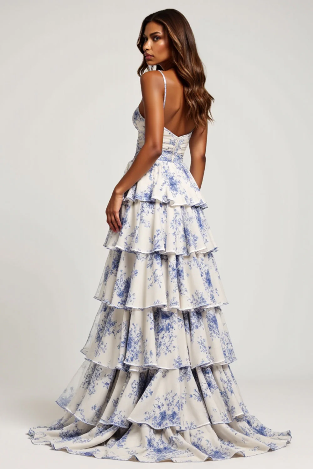 Blue Floral Tiered A Line Ruffled Long Prom Dress with Slit - VNBITS