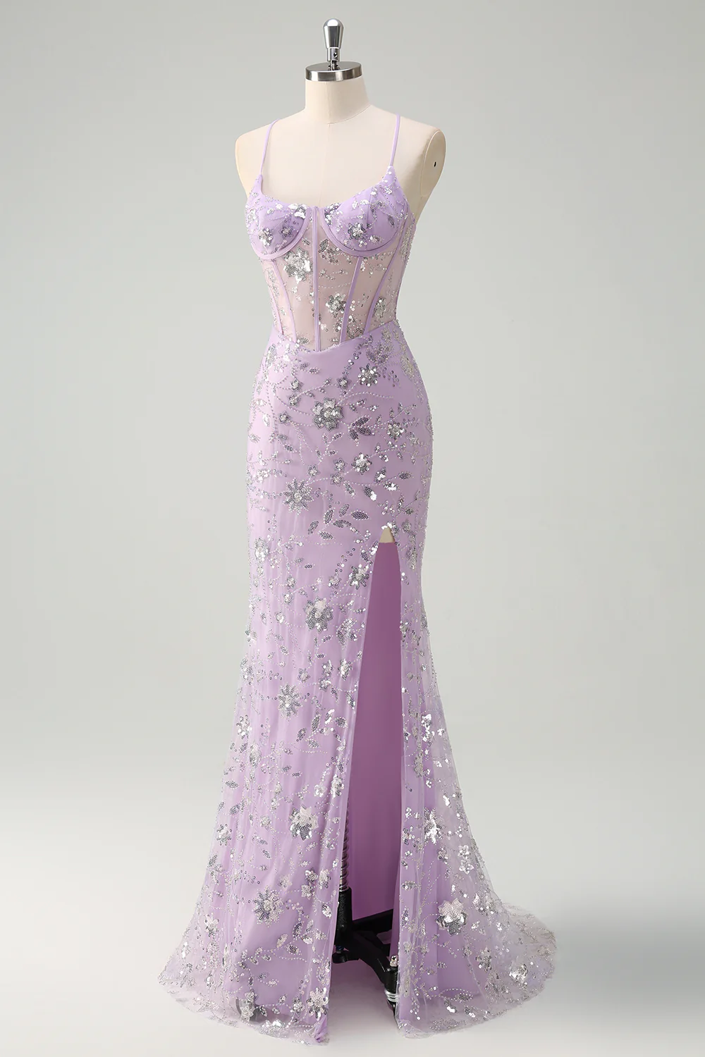 Sparkly Lilac Mermaid Spaghetti Straps Prom Dress with Slit - VNBITS
