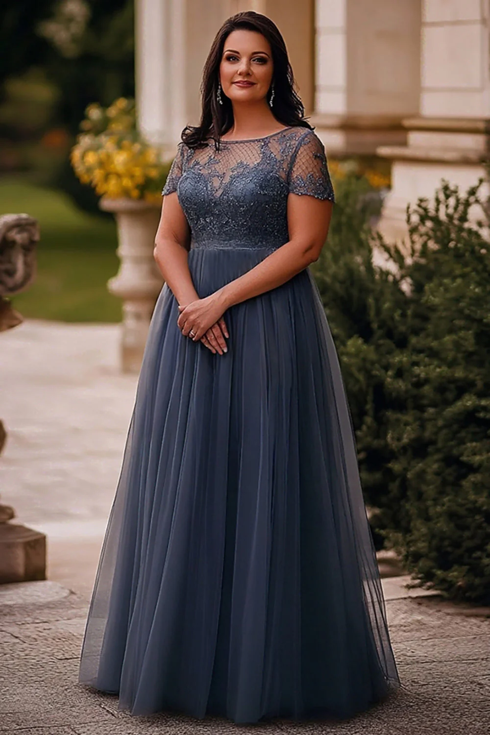 A Line Plus Size Grey Blue Long Tulle Mother of the Bride Dress - VNBITS