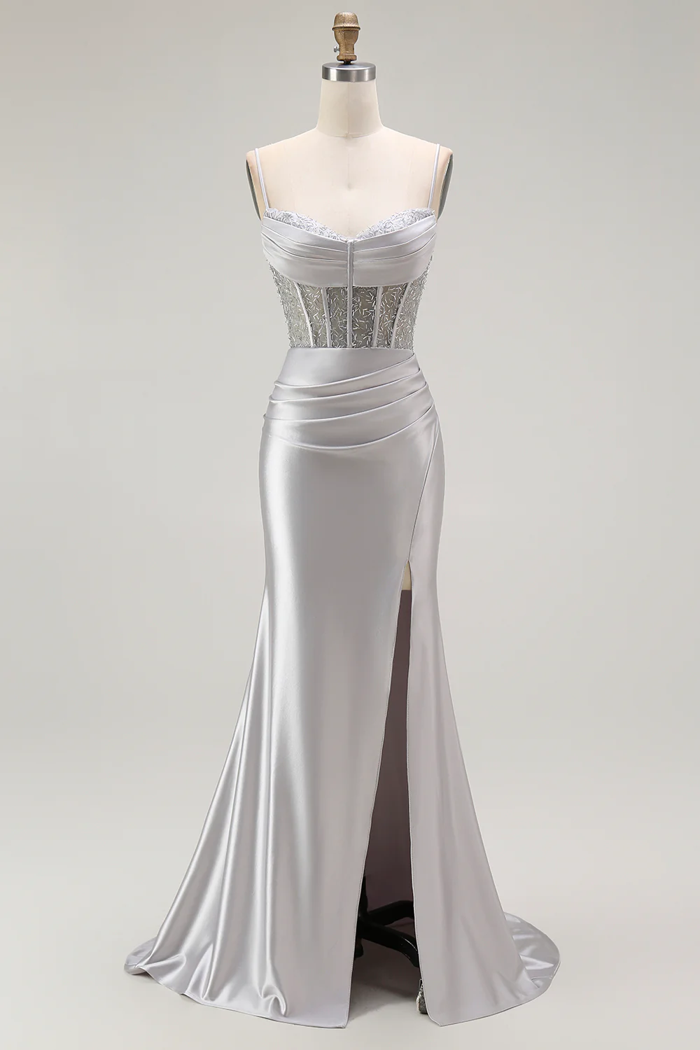 Sparkly Navy Satin Mermaid Long Corset Prom Dress with Beading - VNBITS