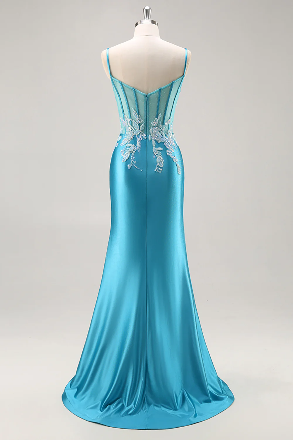 Blue Corset Appliqued Satin Mermaid Long Prom Dress with Slit - VNBITS