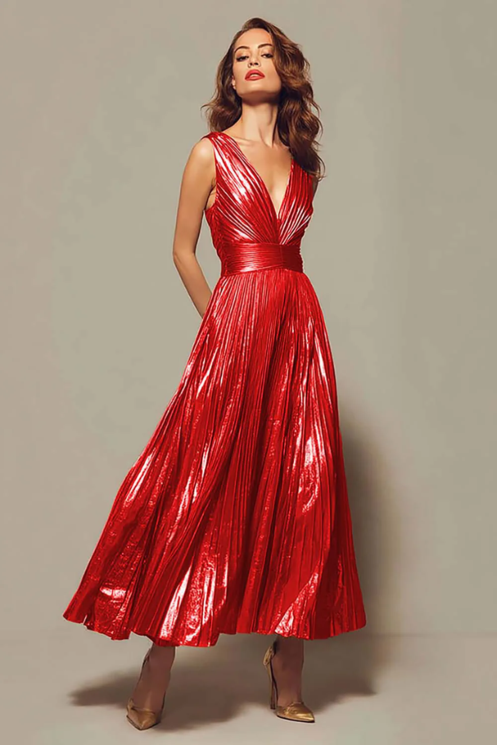 Sparkly Gold Metallic Pleated V-Neck A-Line Long Formal Dress - VNBITS