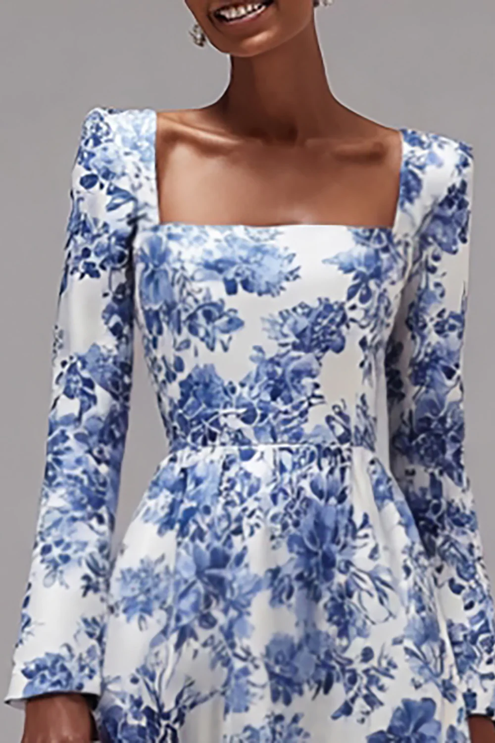 Blue and White Floral Square Neck A-Line Wedding Guest Dress with Sleeves - VNBITS