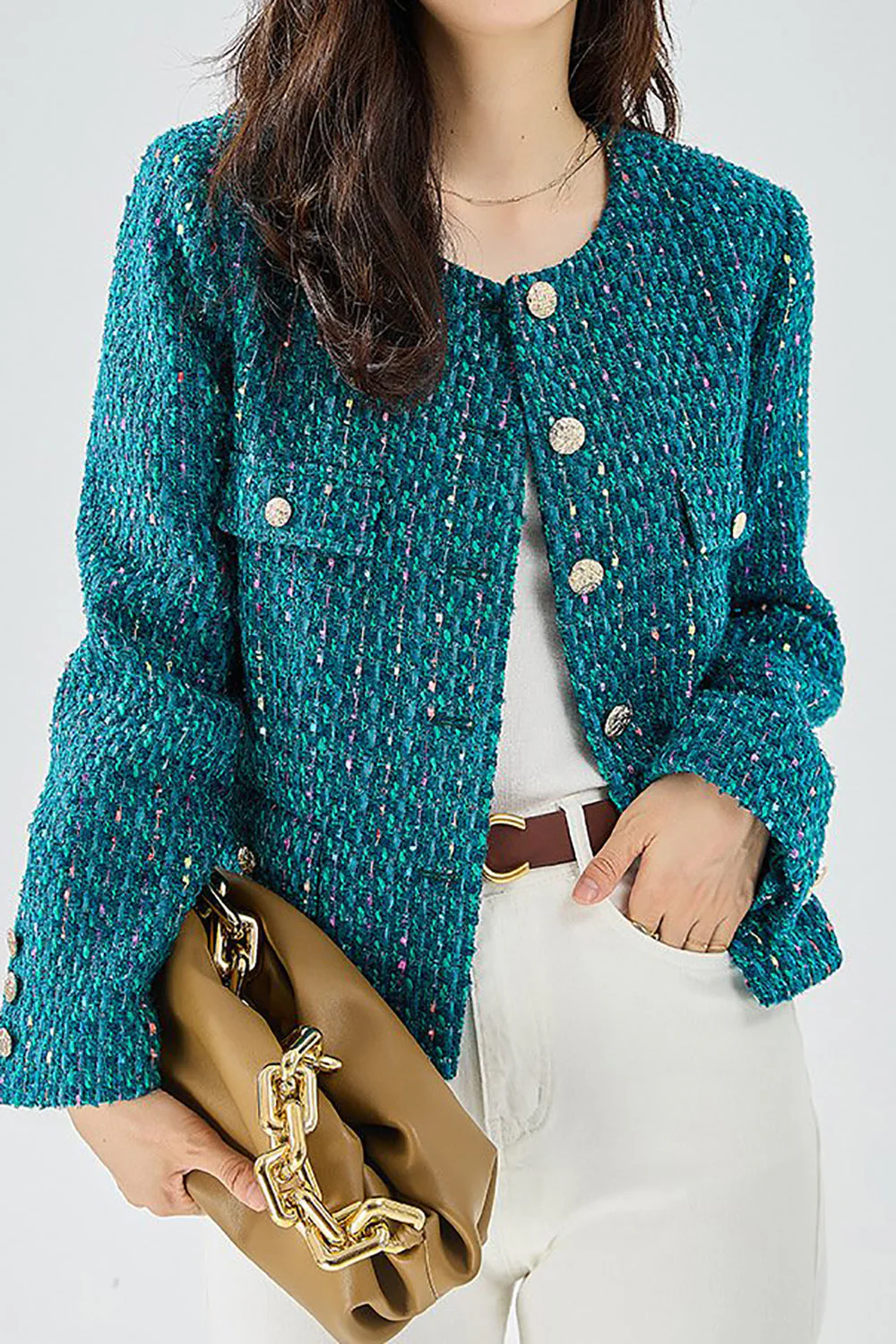 Dark Blue Tweed Open Front Women Jacket - VNBITS